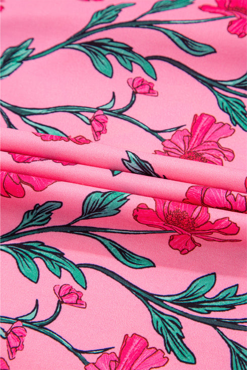 Puff Sleeve Floral Print Contrast Placket Tiered Midi Dress With Pockets